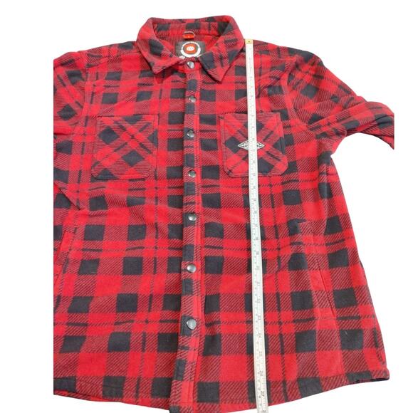 686 Sierra Fleece Flannel Shirt Jacket Oxblood Plaid Snap Button Mens Large - Picture 6 of 7
